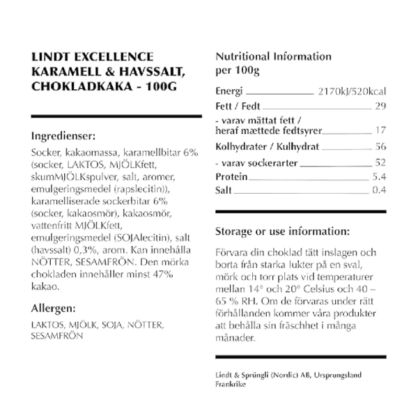 Lindt Excellence Caramel & Sea Salt Touch Dark Chocolate, 100 g - Image 2