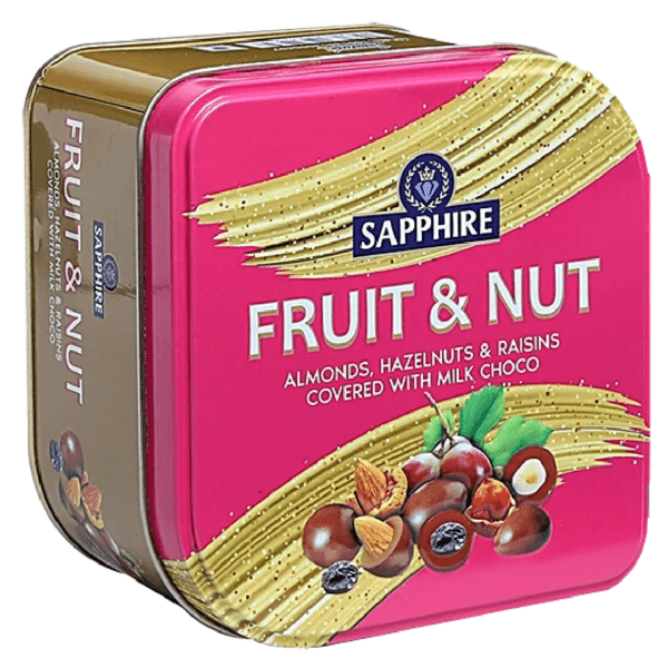 Sapphire Fruit & Nuts - Almonds, Hazelnuts & Raisins Covered With Milk Choco, 90 g Tin
