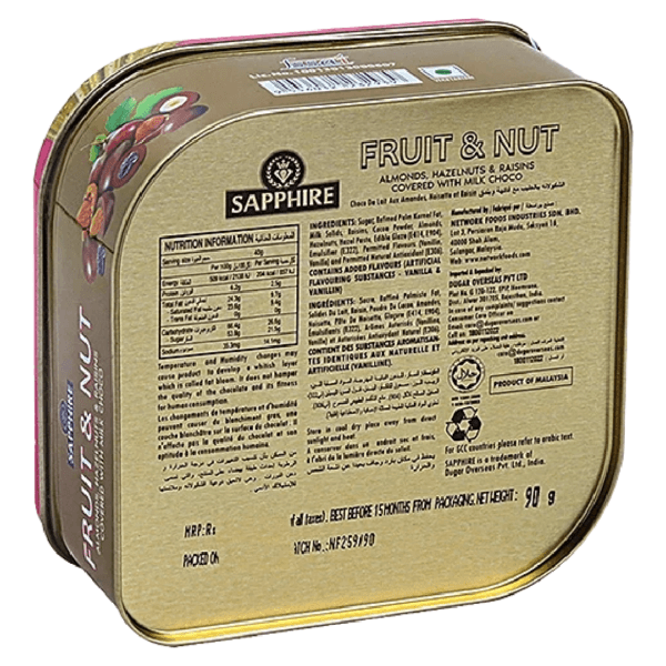 Sapphire Fruit & Nuts - Almonds, Hazelnuts & Raisins Covered With Milk Choco, 90 g Tin - Image 2