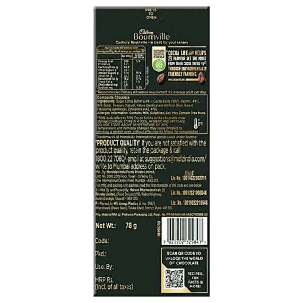 Cadbury Bournville Rum & Raisin 50% Dark Chocolate Bar, 78 g - Image 2